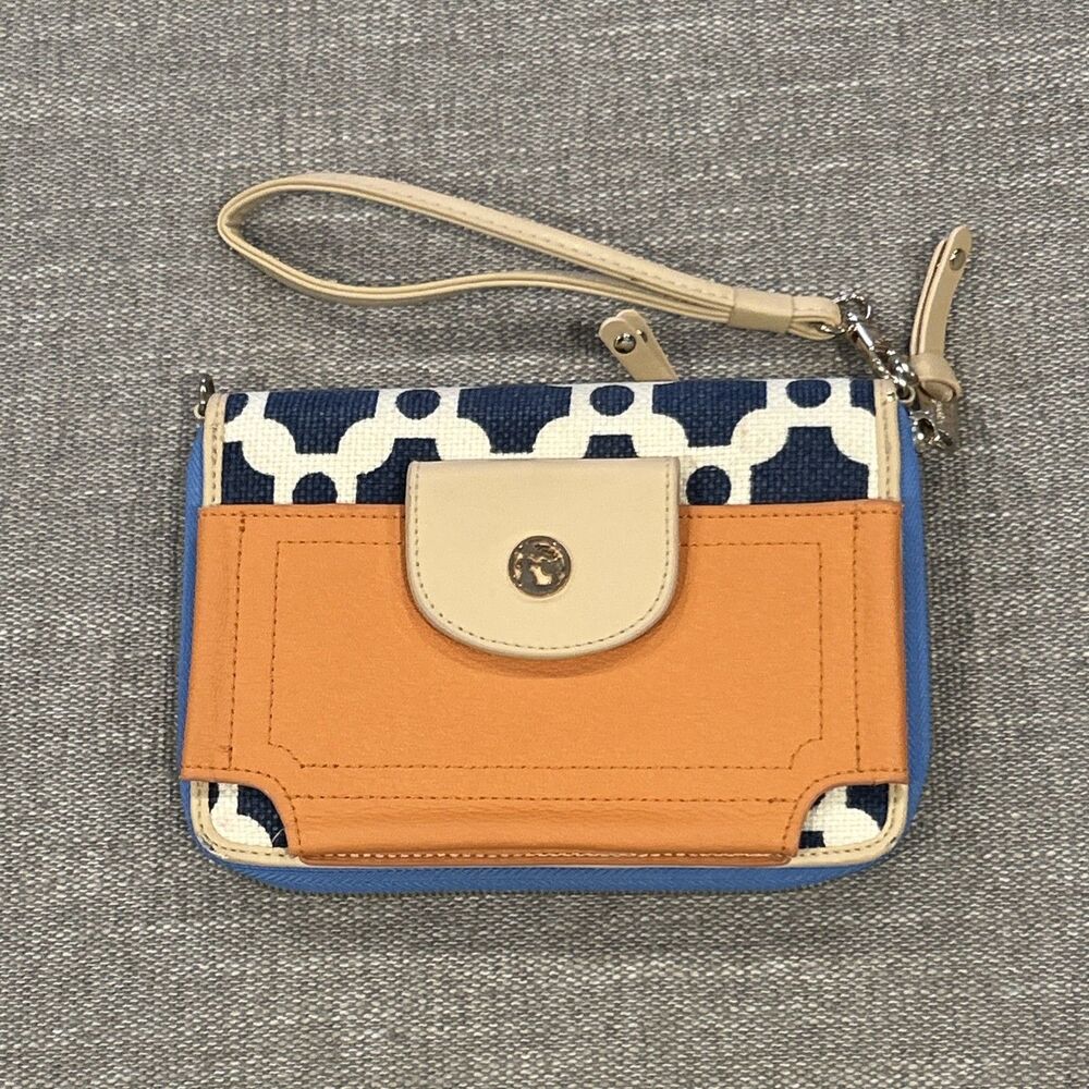 Spartina Phone Wristlet Wallet Navy Orange Leather Linen Coastal Grandma